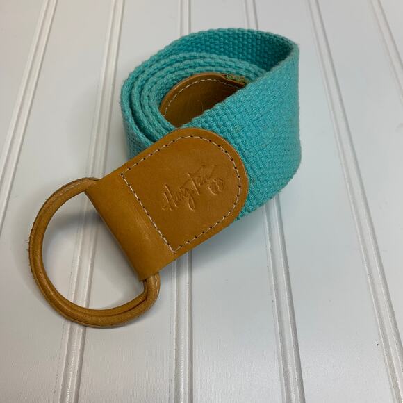Vintage 70s Aqua Twill Wide Belt Light Tan Leather Hang Ten - Picture 1 of 6